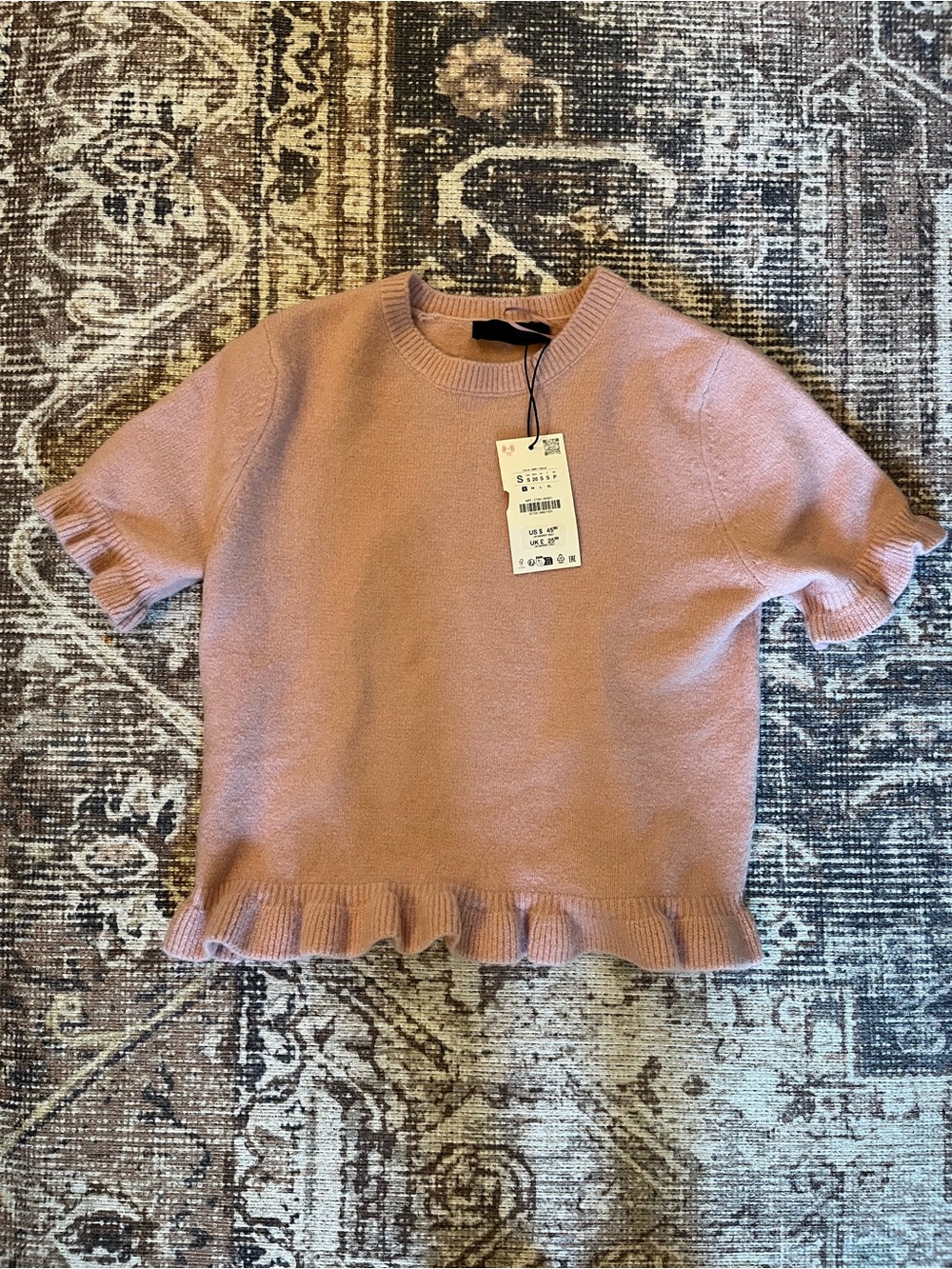 Zara Pink Ruffle-Hem Short-Sleeve Sweater